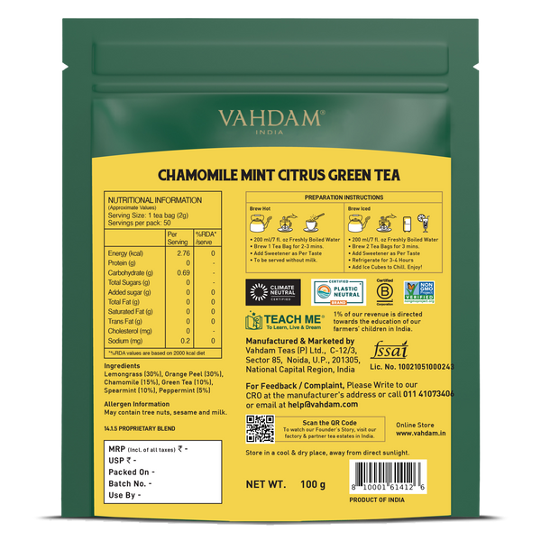 Chamomile Mint Citrus Green Tea, 50 Count
