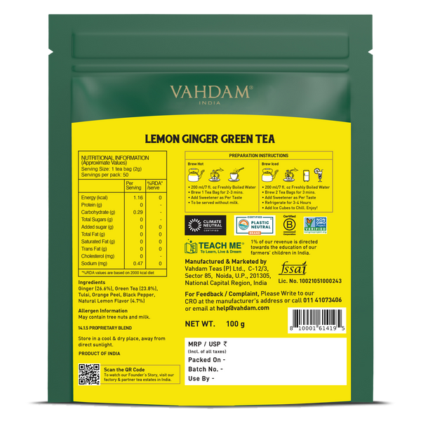 Lemon Ginger Green Tea, 50 Count